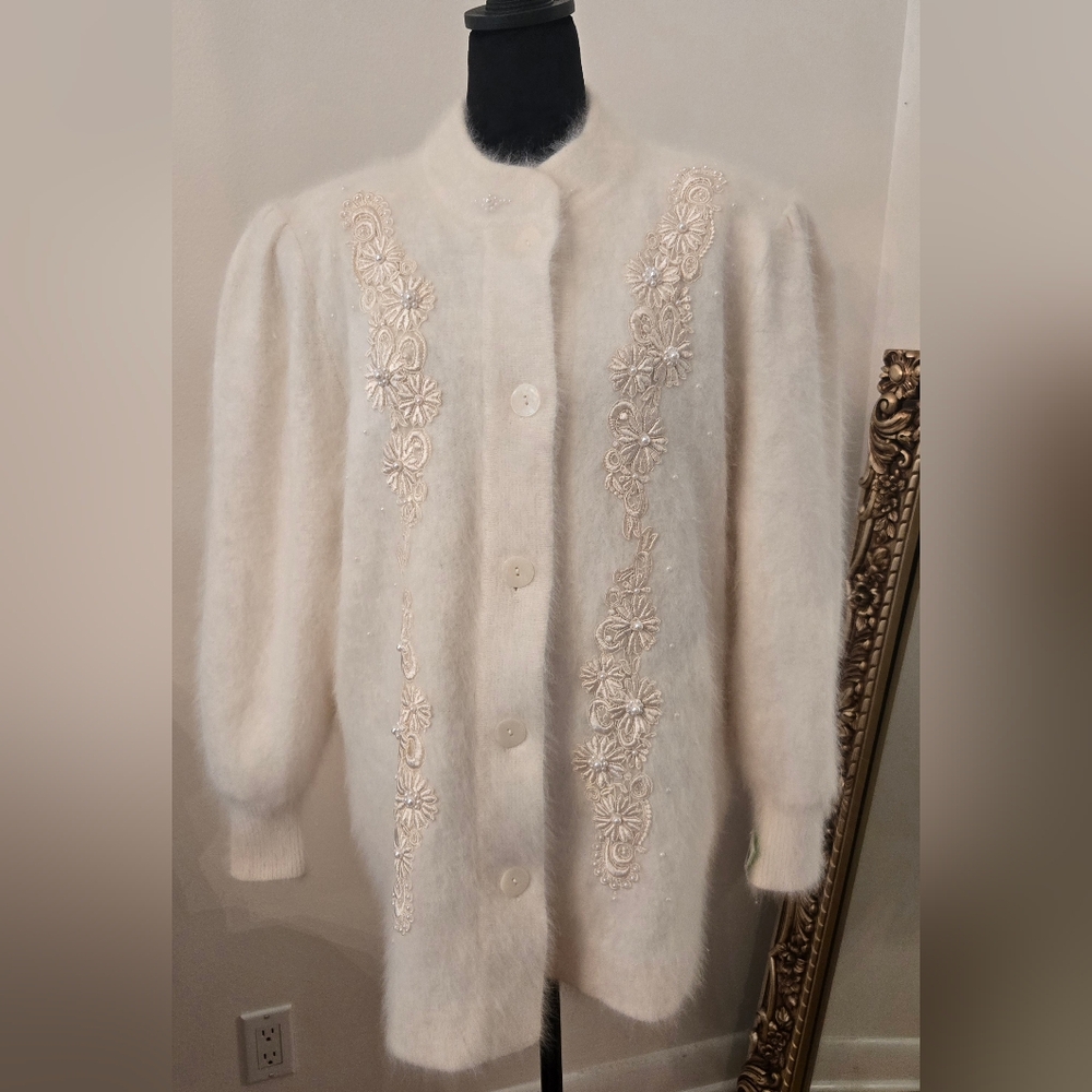 Lee Sands Vintage 80's Angora Blend Long Cardigan Cream Appliques OSFM